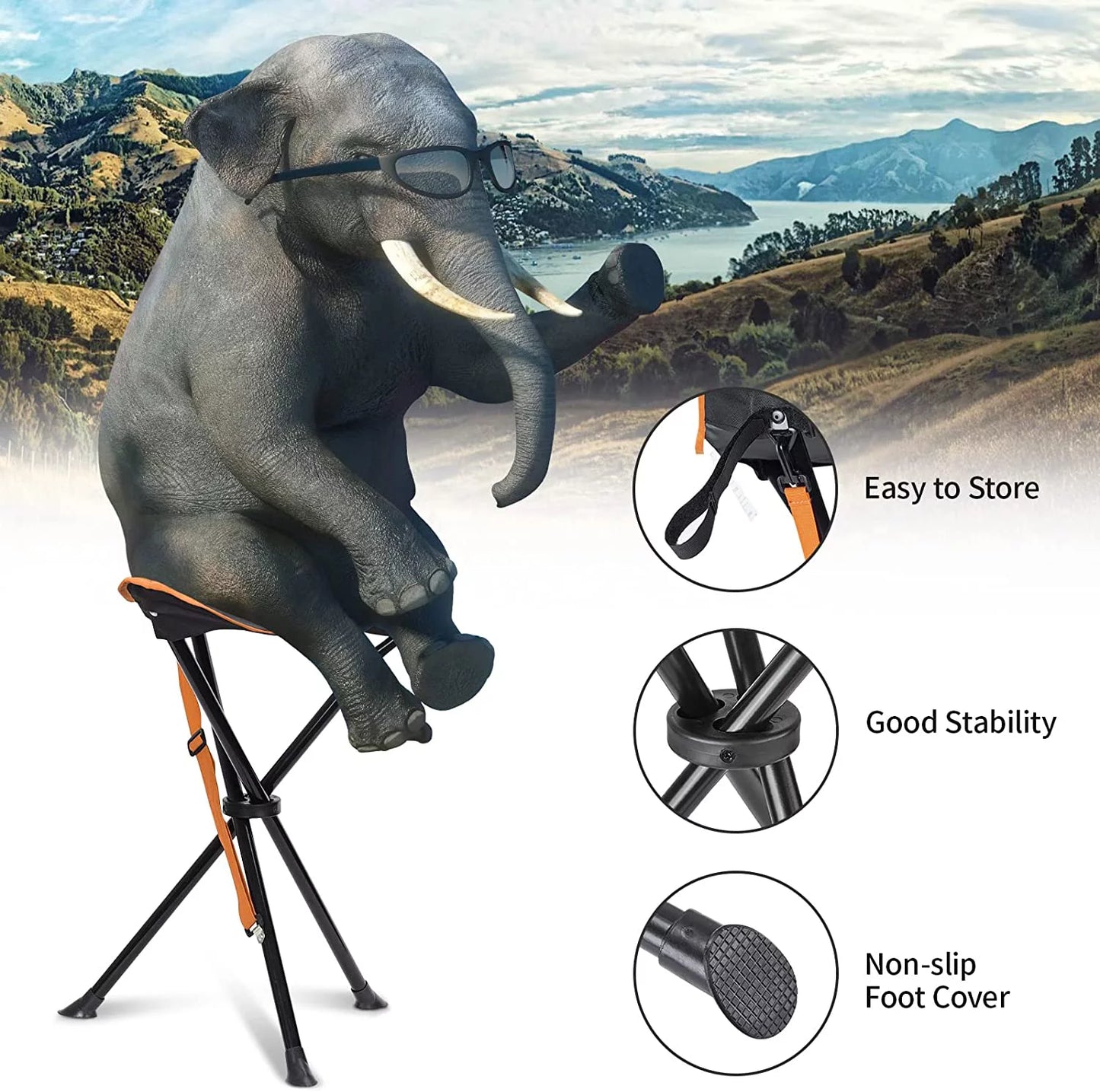 Camping Stool Folding 225Lb,Lightweight Sturdy Portable Tripod Camp Stools,Outdoor Camping Chair for Backpacking Camping Hiking Hunting Fishing,Orange