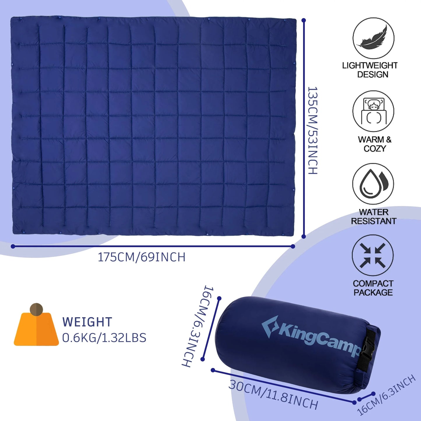 down Camping Blanket Packable Lightweight Water Repellent Blanket for Travel, Navy ,69" X 53"