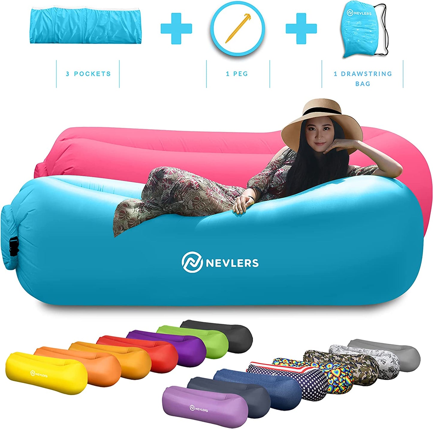 2 Pack Inflatable Loungers Air Sofa Couch | Perfect for Beach Chair Camping Chairs or Portable Hammock |Travel Bag Pouch, Pegs & 3 Pockets| Movie Seating & Camping Accessories Blow up Lounger