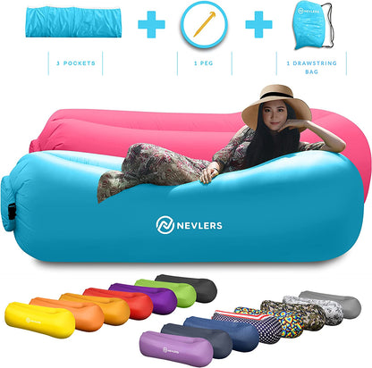 2 Pack Inflatable Loungers Air Sofa Couch | Perfect for Beach Chair Camping Chairs or Portable Hammock |Travel Bag Pouch, Pegs & 3 Pockets| Movie Seating & Camping Accessories Blow up Lounger