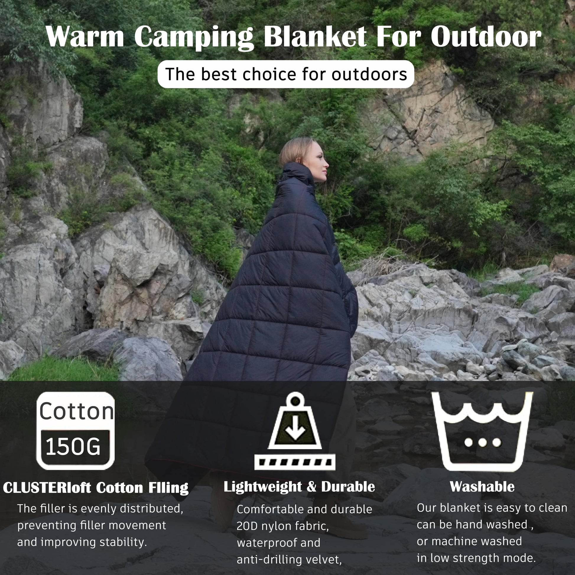 Packable Camping Blanket Lightweight Travel down Blanket Outdoor Waterproof Blanket for Airplane, Hiking, Backpacking, Stadium Black 69" X 53"