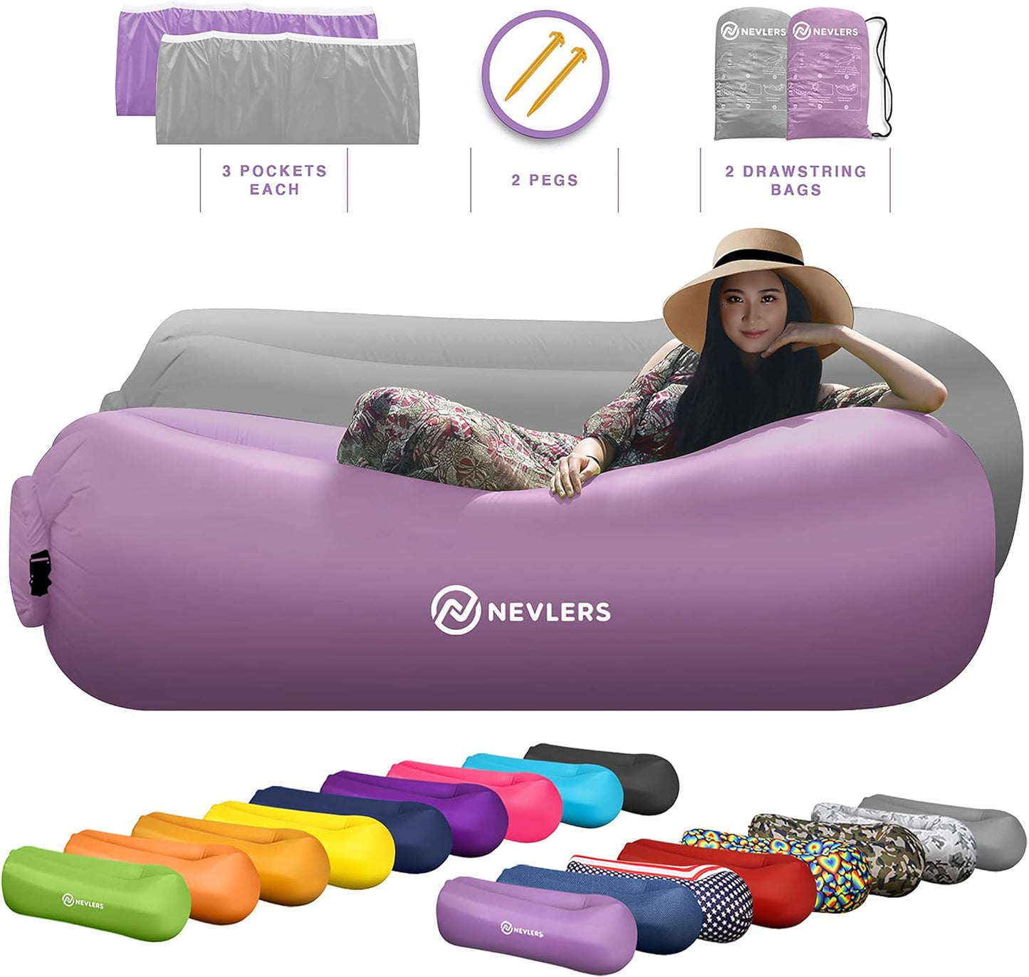 2 Pack Inflatable Loungers Air Sofa Couch | Perfect for Beach Chair Camping Chairs or Portable Hammock |Travel Bag Pouch, Pegs & 3 Pockets| Movie Seating & Camping Accessories Blow up Lounger